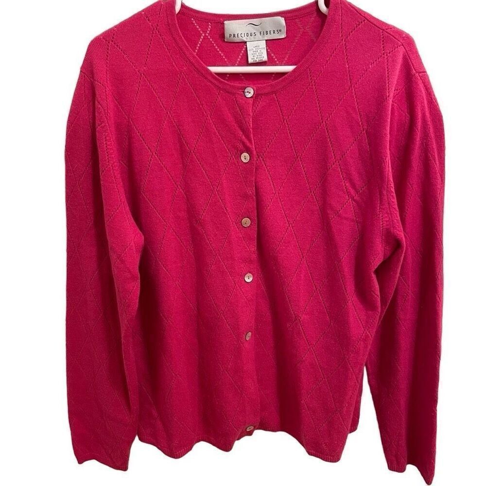 Precious Fibers Womens Cashmere Cardigan  L Hot Pink Demure Normcore Secretary